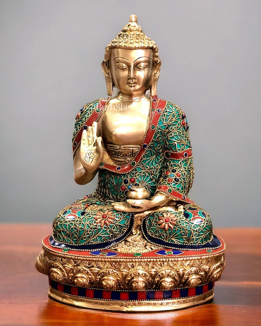 Brass Buddha Statue with Stonework | 12 inch