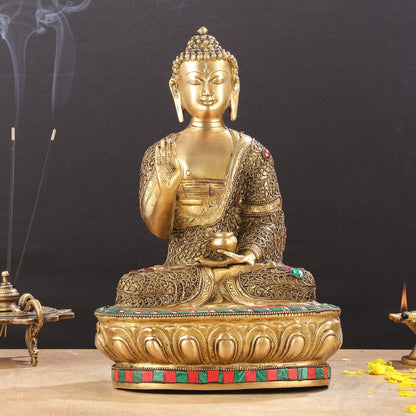 Brass Buddha Statue with Stonework | 12 inch