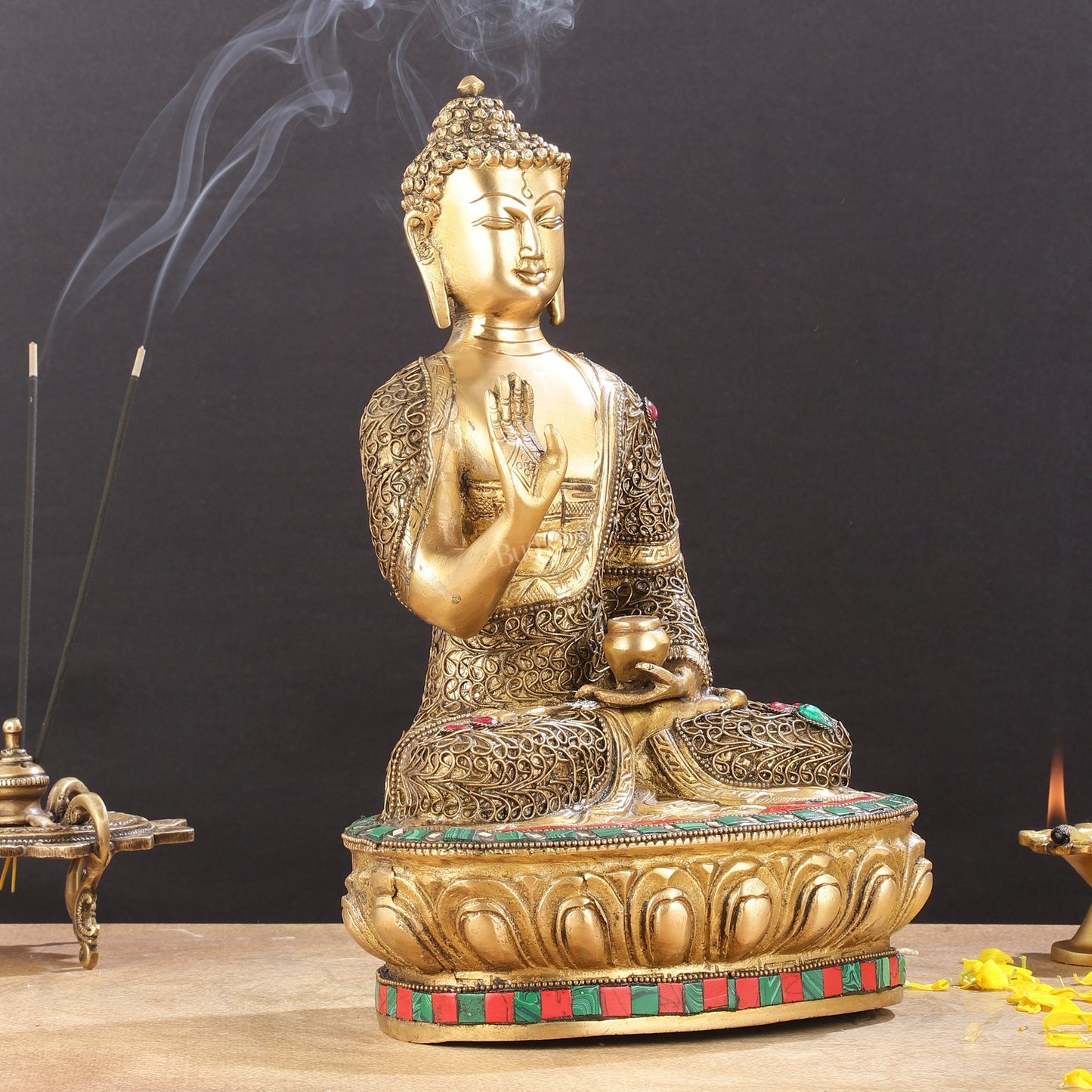 Brass Buddha Statue with Stonework | 12 inch