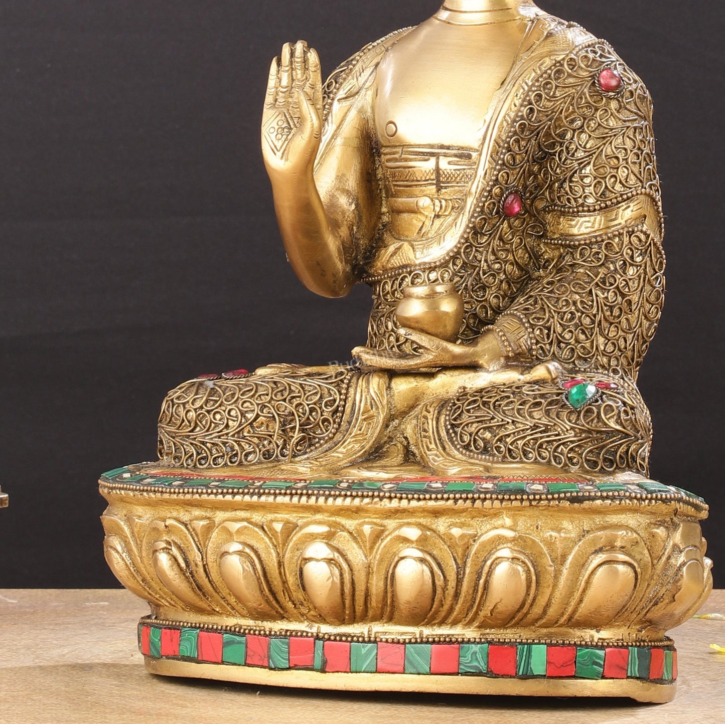 Brass Buddha Statue with Stonework | 12 inch