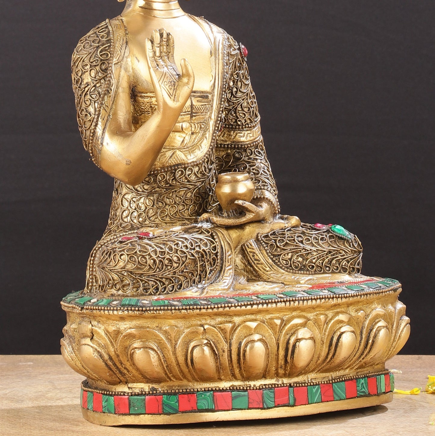 Brass Buddha Statue with Stonework | 12 inch