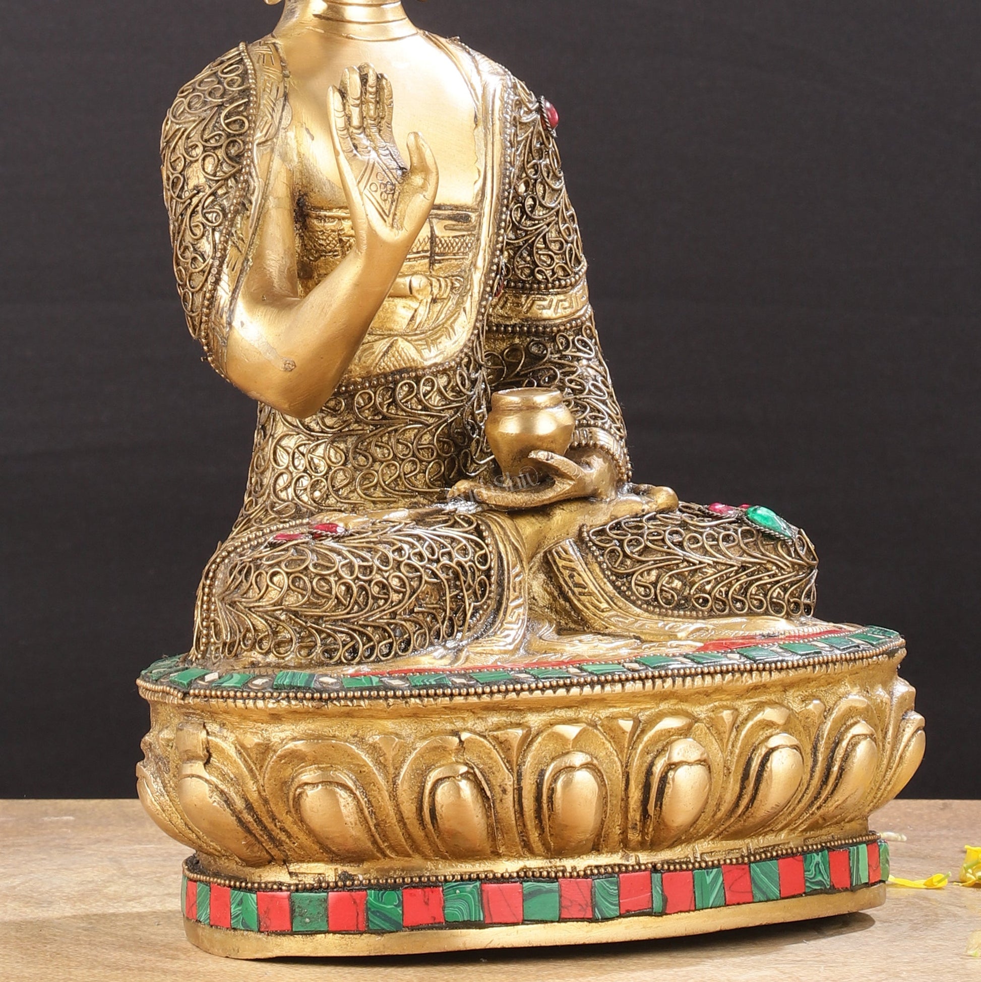 Brass Buddha Statue with Stonework | 12 inch