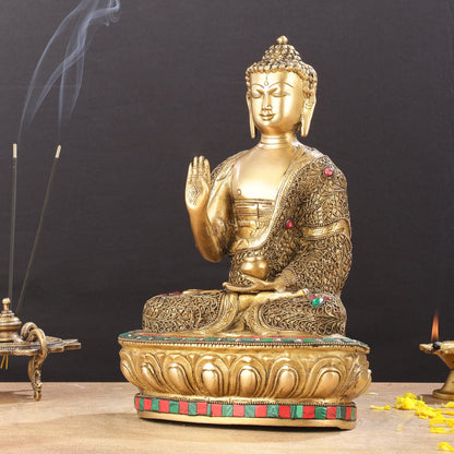 Brass Buddha Statue with Stonework | 12 inch