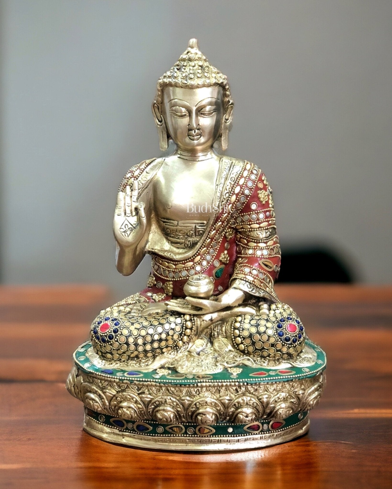 Brass Buddha Statue with Stonework | 12 inch