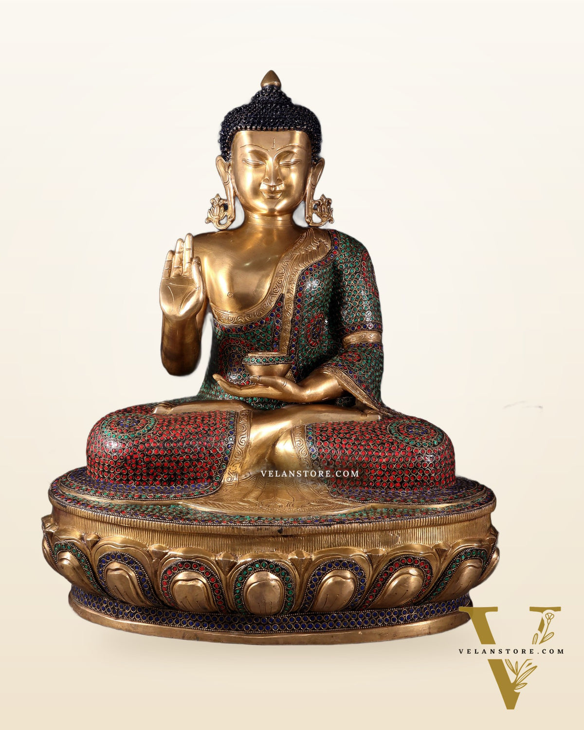 Brass Buddha Statue with Unique Rings and Stonework 23"