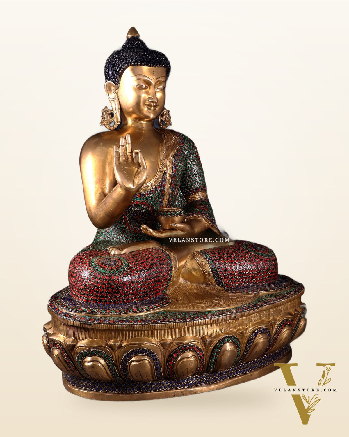 Brass Buddha Statue with Unique Rings and Stonework 23"