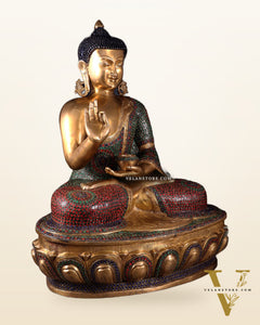 Brass Buddha Statue with Unique Rings and Stonework 23"