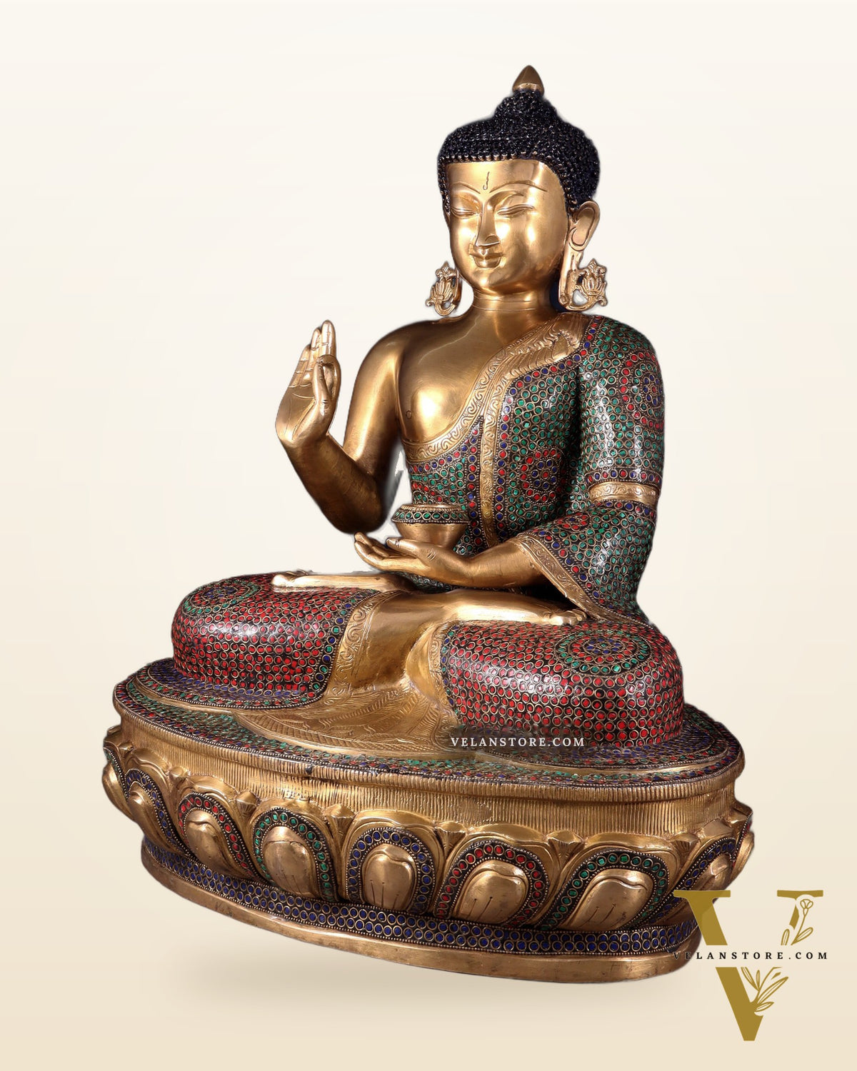 Brass Buddha Statue with Unique Rings and Stonework 23"