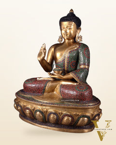 Brass Buddha Statue with Unique Rings and Stonework 23"