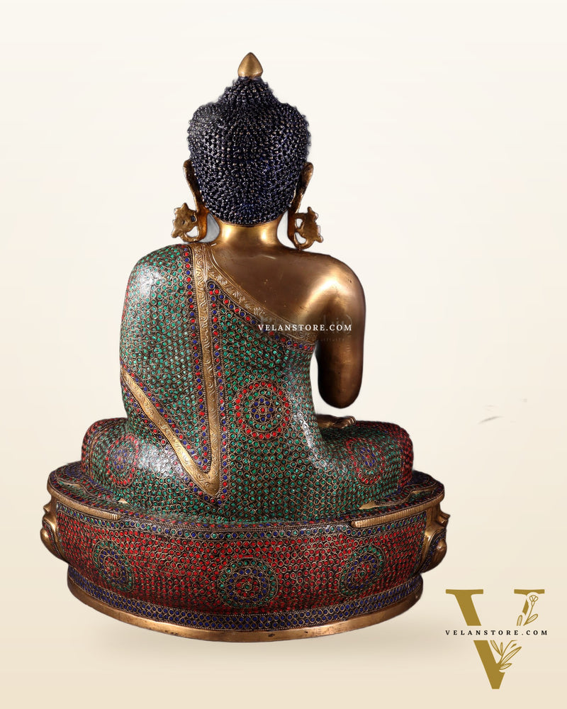 Brass Buddha Statue with Unique Rings and Stonework 23"