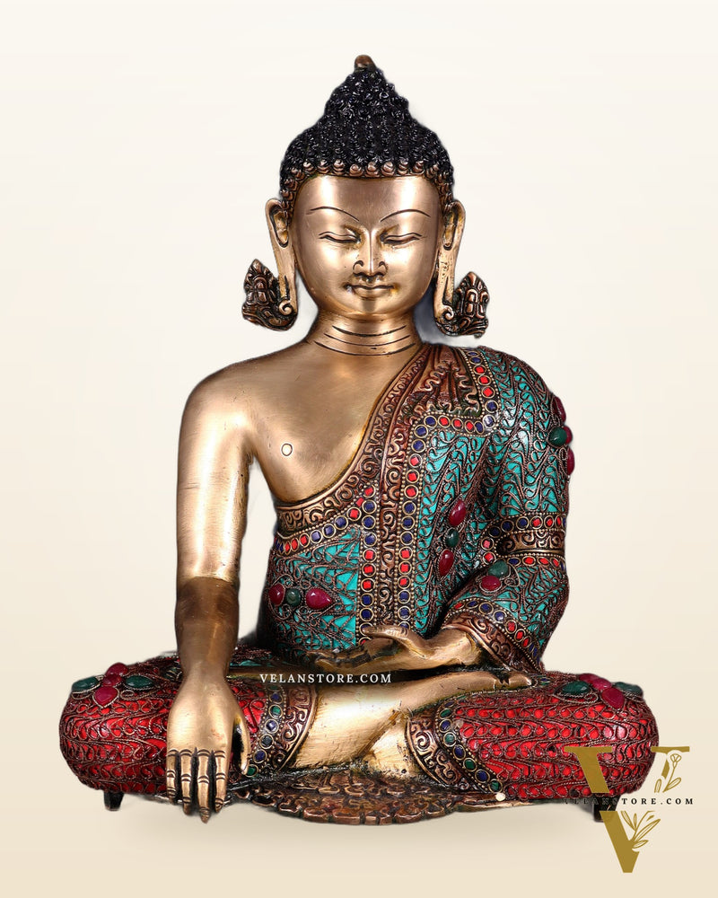 Brass Buddha with copper wire tibetan stonework Statue | 14 inch
