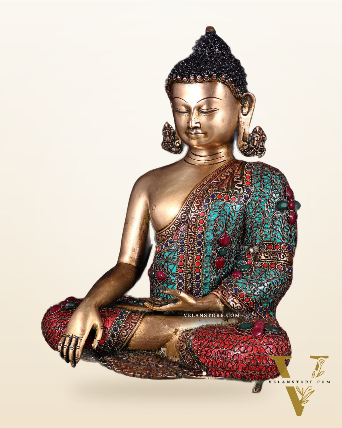 Brass Buddha with copper wire tibetan stonework Statue | 14 inch