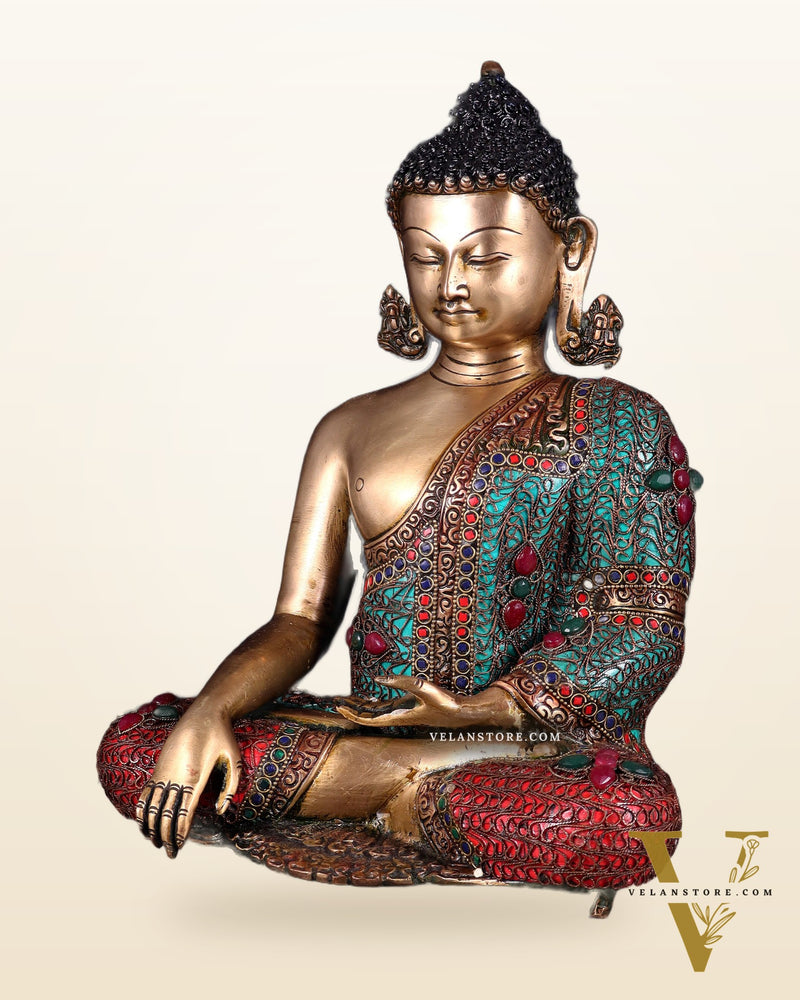 Brass Buddha with copper wire tibetan stonework Statue | 14 inch