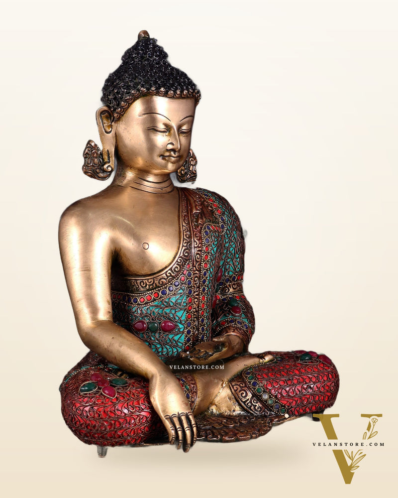 Brass Buddha with copper wire tibetan stonework Statue | 14 inch