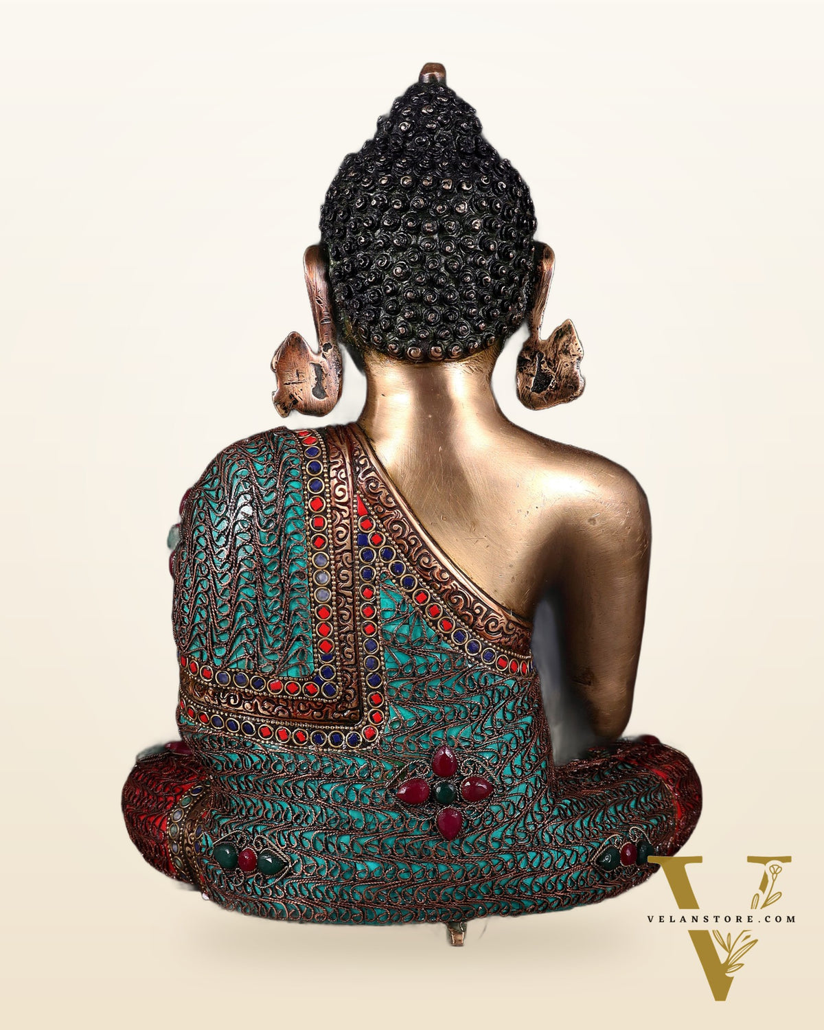 Brass Buddha with copper wire tibetan stonework Statue | 14 inch