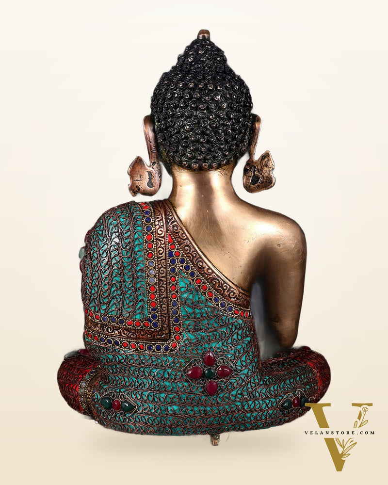 Brass Buddha with copper wire tibetan stonework Statue | 14 inch