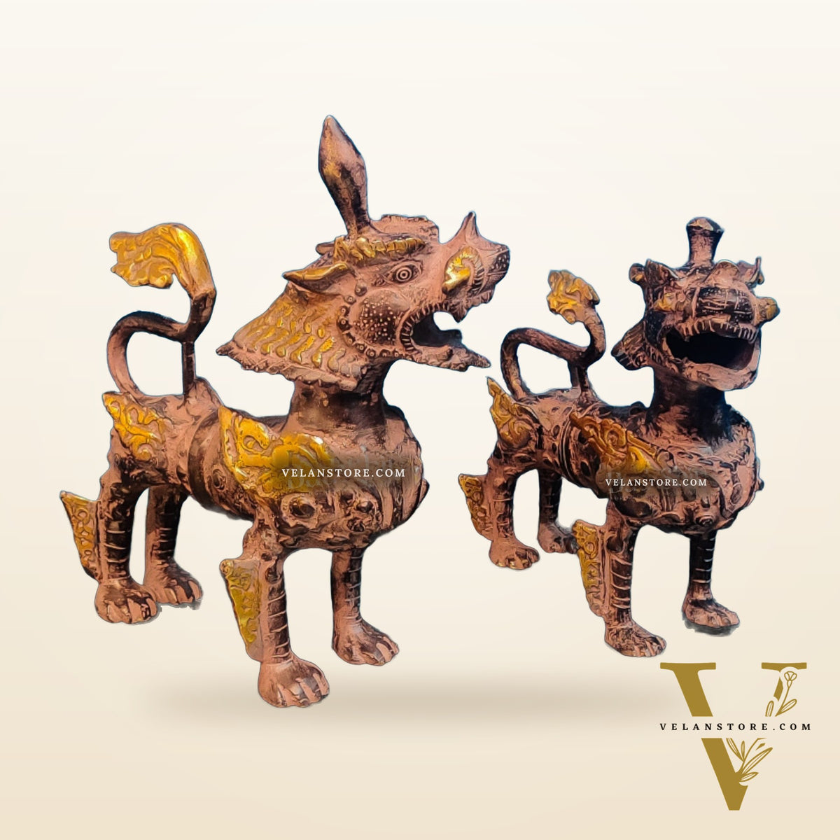 Brass Buddhist Tibetan temple snow lion 11" Pair
