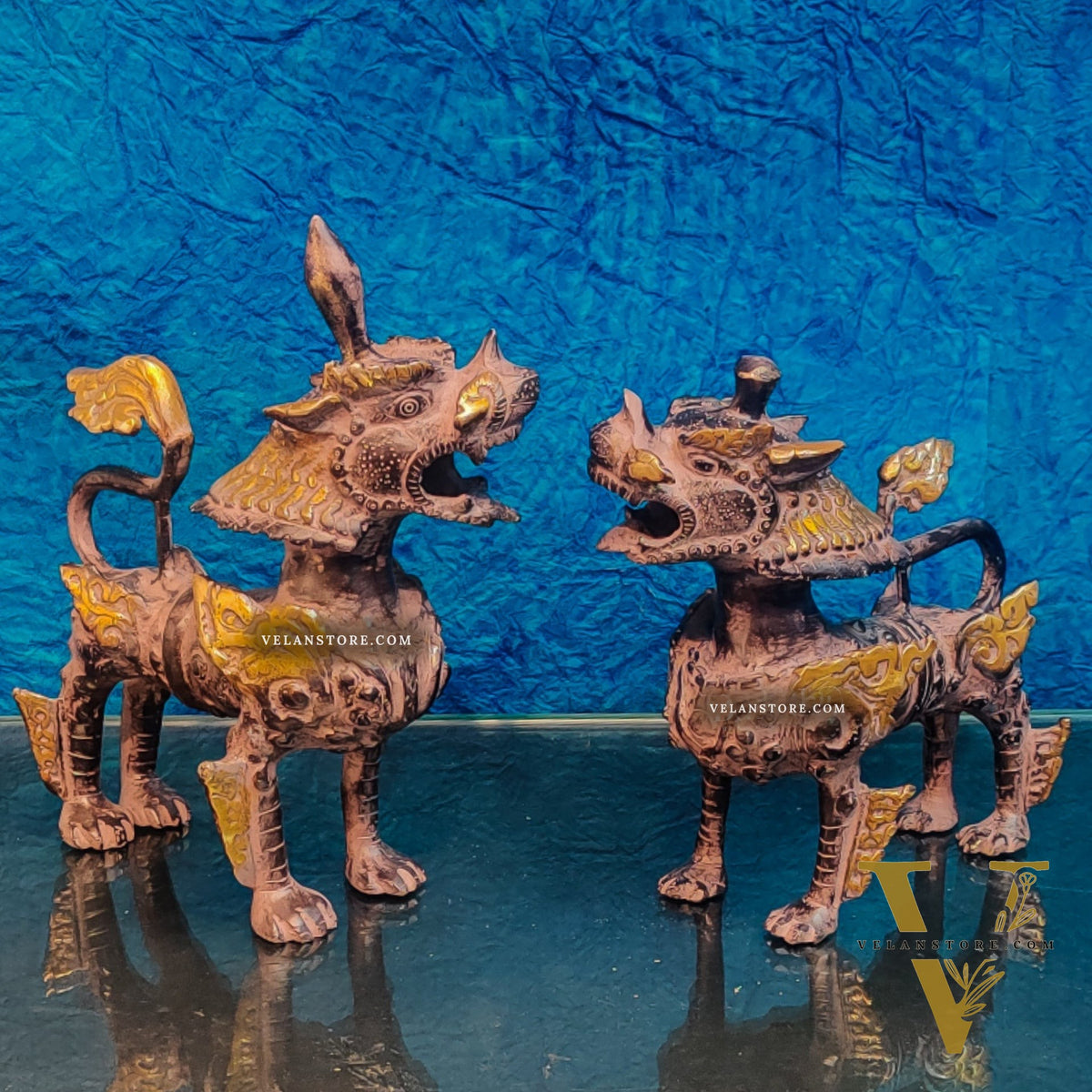 Brass Buddhist Tibetan temple snow lion 11" Pair