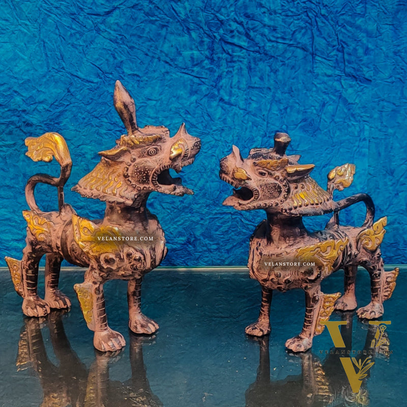 Brass Buddhist Tibetan temple snow lion 11" Pair