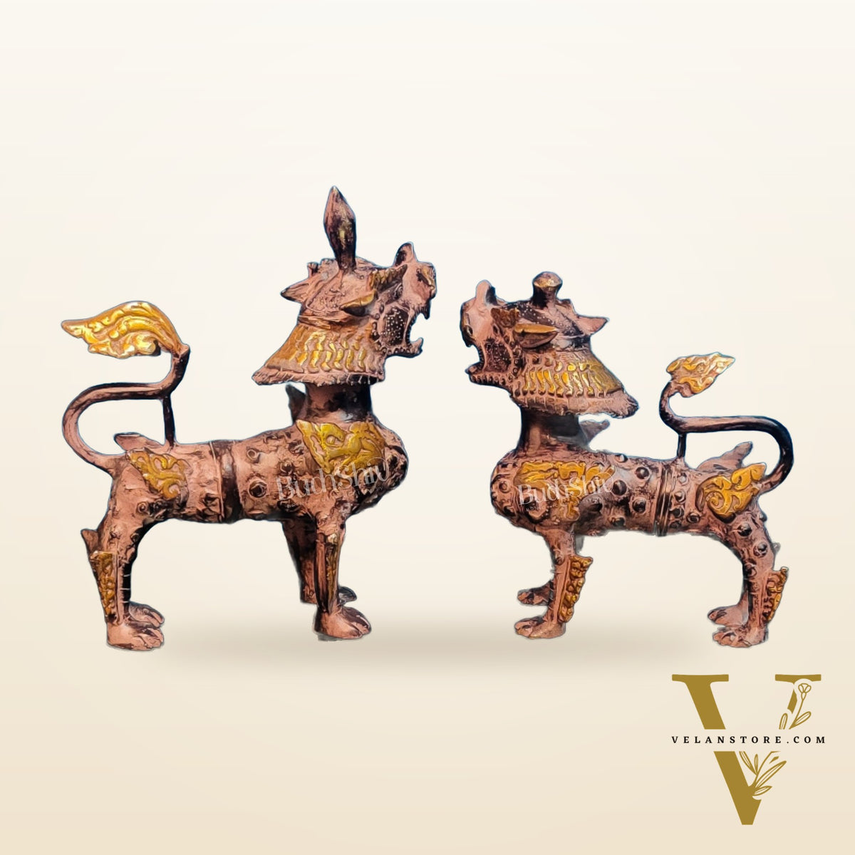 Brass Buddhist Tibetan temple snow lion 11" Pair
