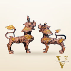 Brass Buddhist Tibetan temple snow lion 11" Pair