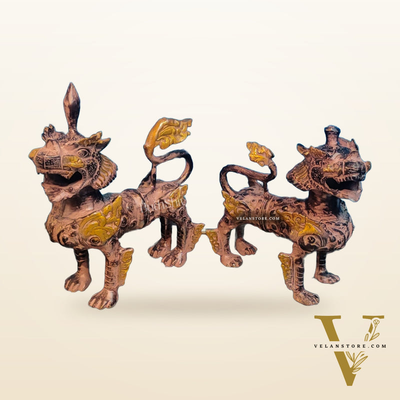 Brass Buddhist Tibetan temple snow lion 11" Pair