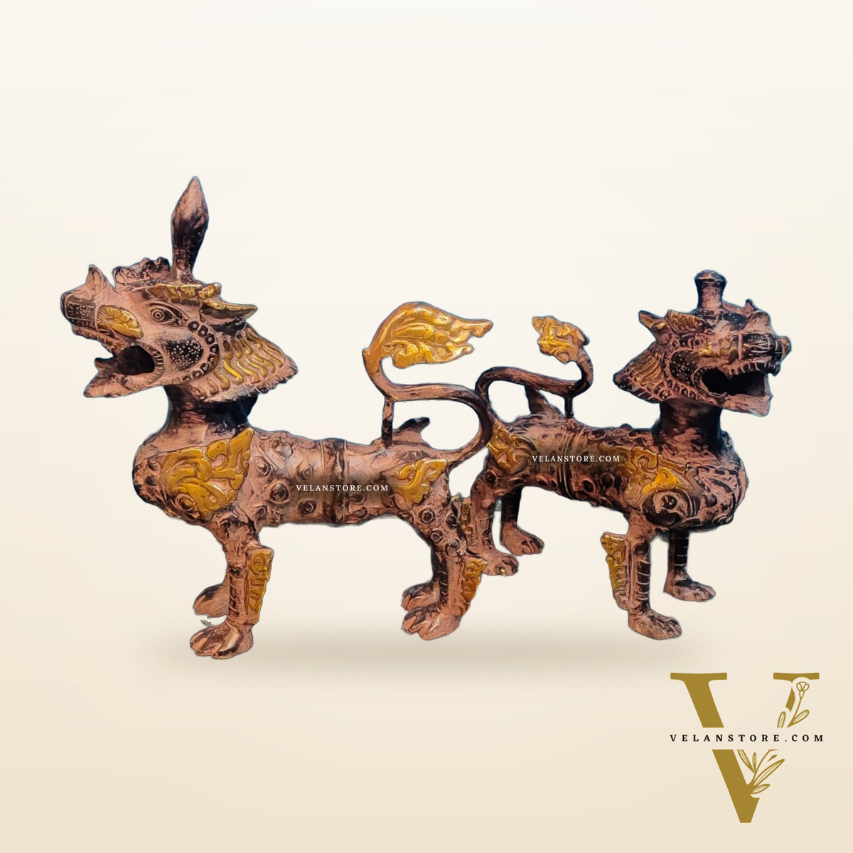 Brass Buddhist Tibetan temple snow lion 11" Pair