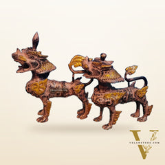 Brass Buddhist Tibetan temple snow lion 11" Pair