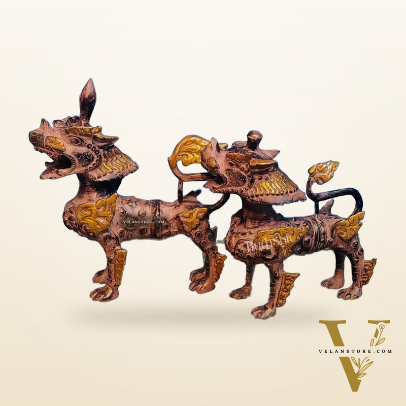 Brass Buddhist Tibetan temple snow lion 11" Pair