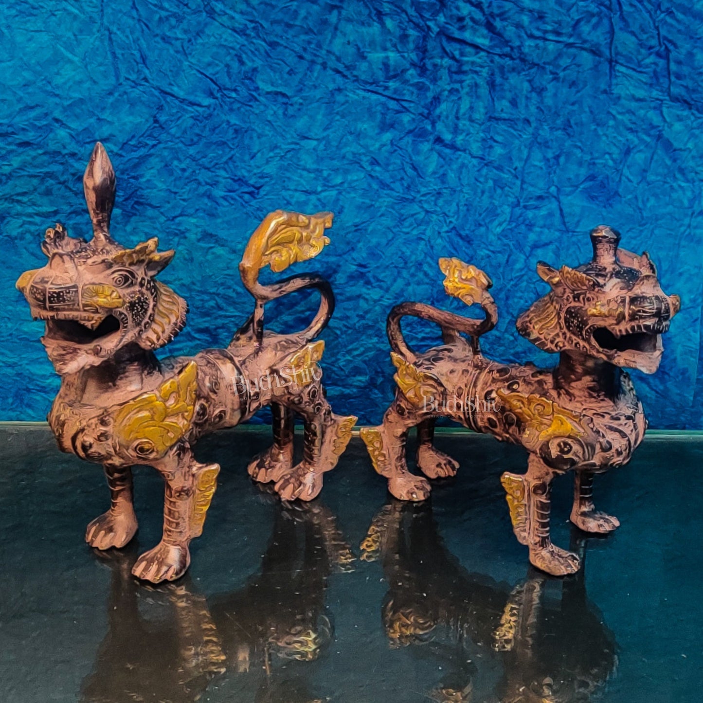 Brass Buddhist Tibetan temple snow lion 11" Pair