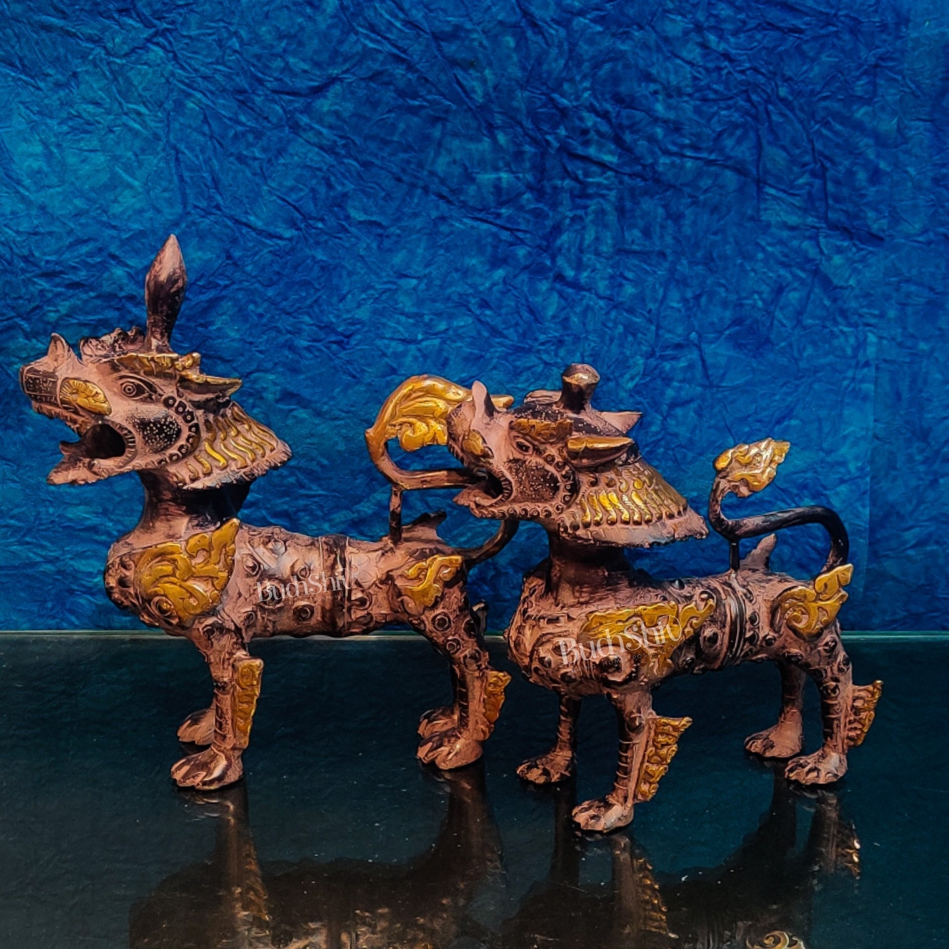 Brass Buddhist Tibetan temple snow lion 11" Pair