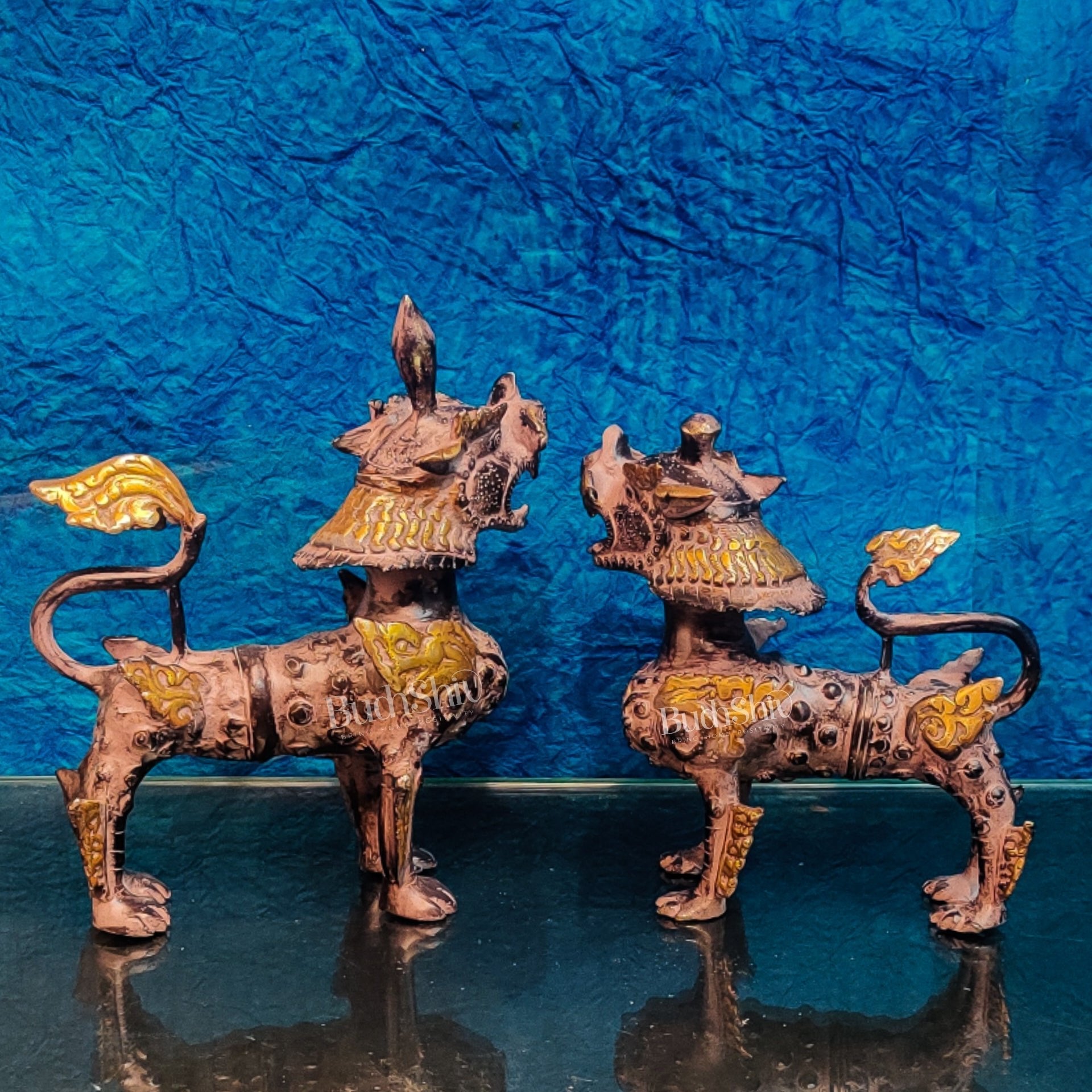 Brass Buddhist Tibetan temple snow lion 11" Pair