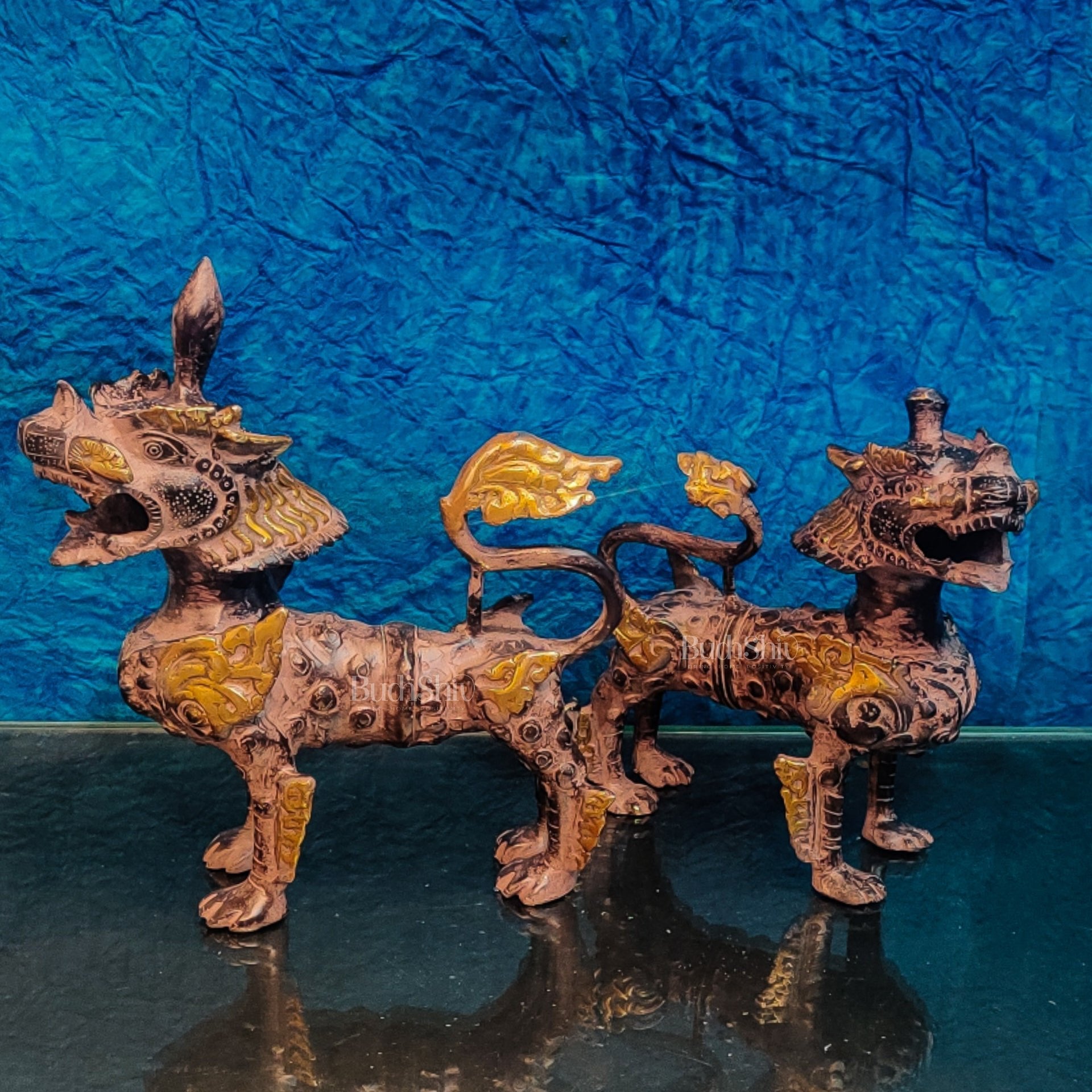Brass Buddhist Tibetan temple snow lion 11" Pair