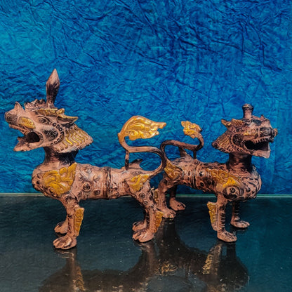 Brass Buddhist Tibetan temple snow lion 11" Pair