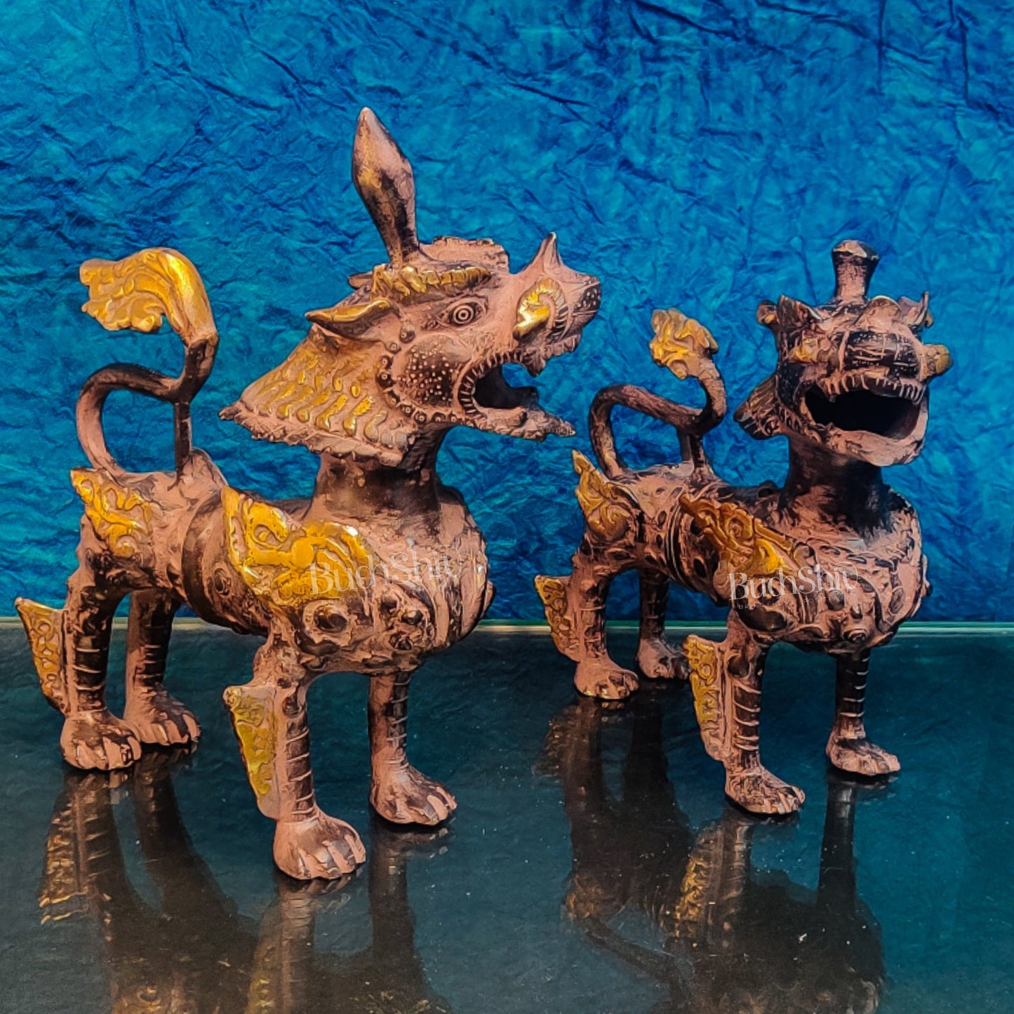 Brass Buddhist Tibetan temple snow lion 11" Pair