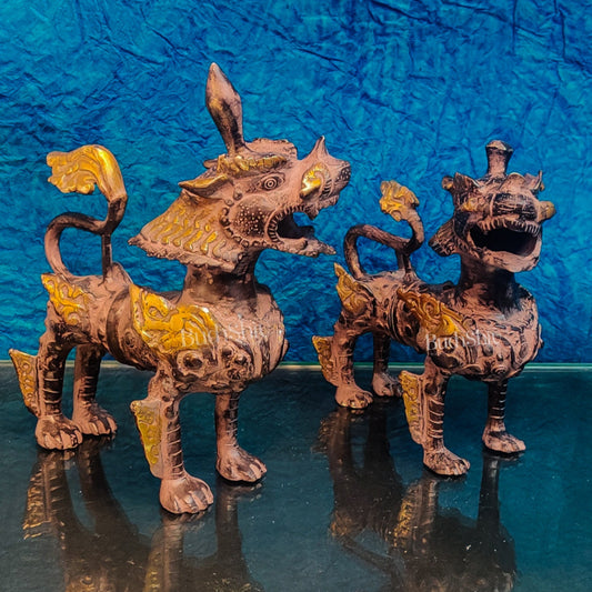 Brass Buddhist Tibetan temple snow lion 11" Pair