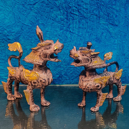 Brass Buddhist Tibetan temple snow lion 11" Pair