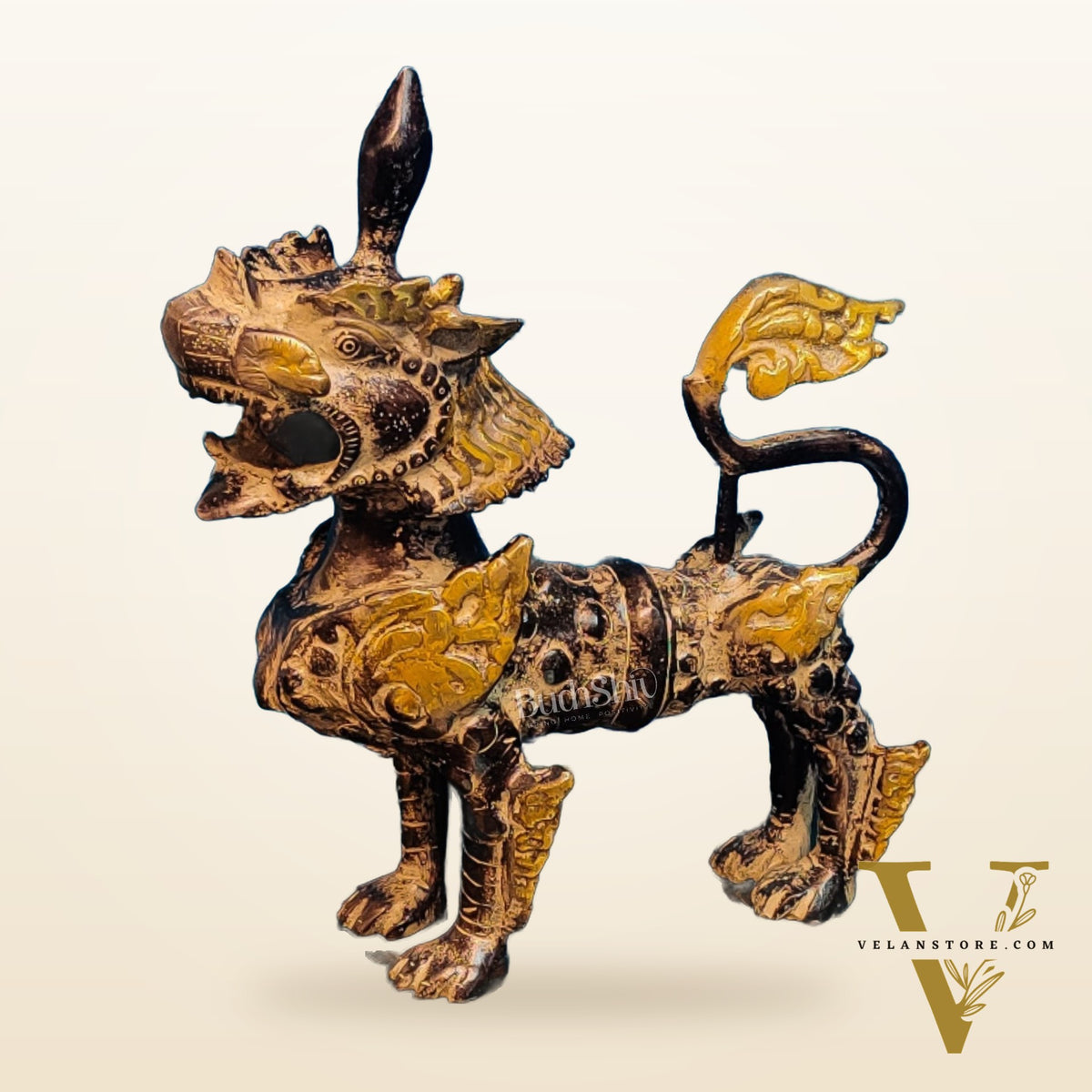 Brass Buddhist Tibetan temple snow lion 11"