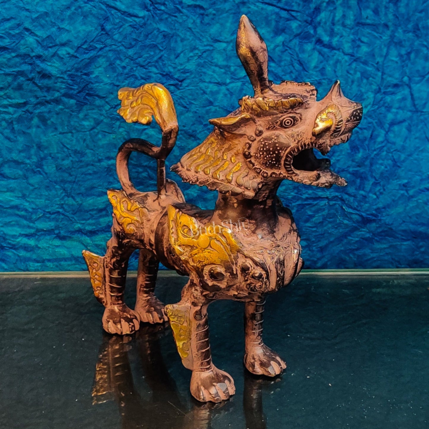 Brass Buddhist Tibetan temple snow lion 11"