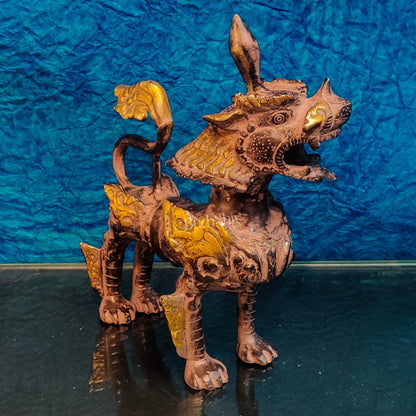 Brass Buddhist Tibetan temple snow lion 11"