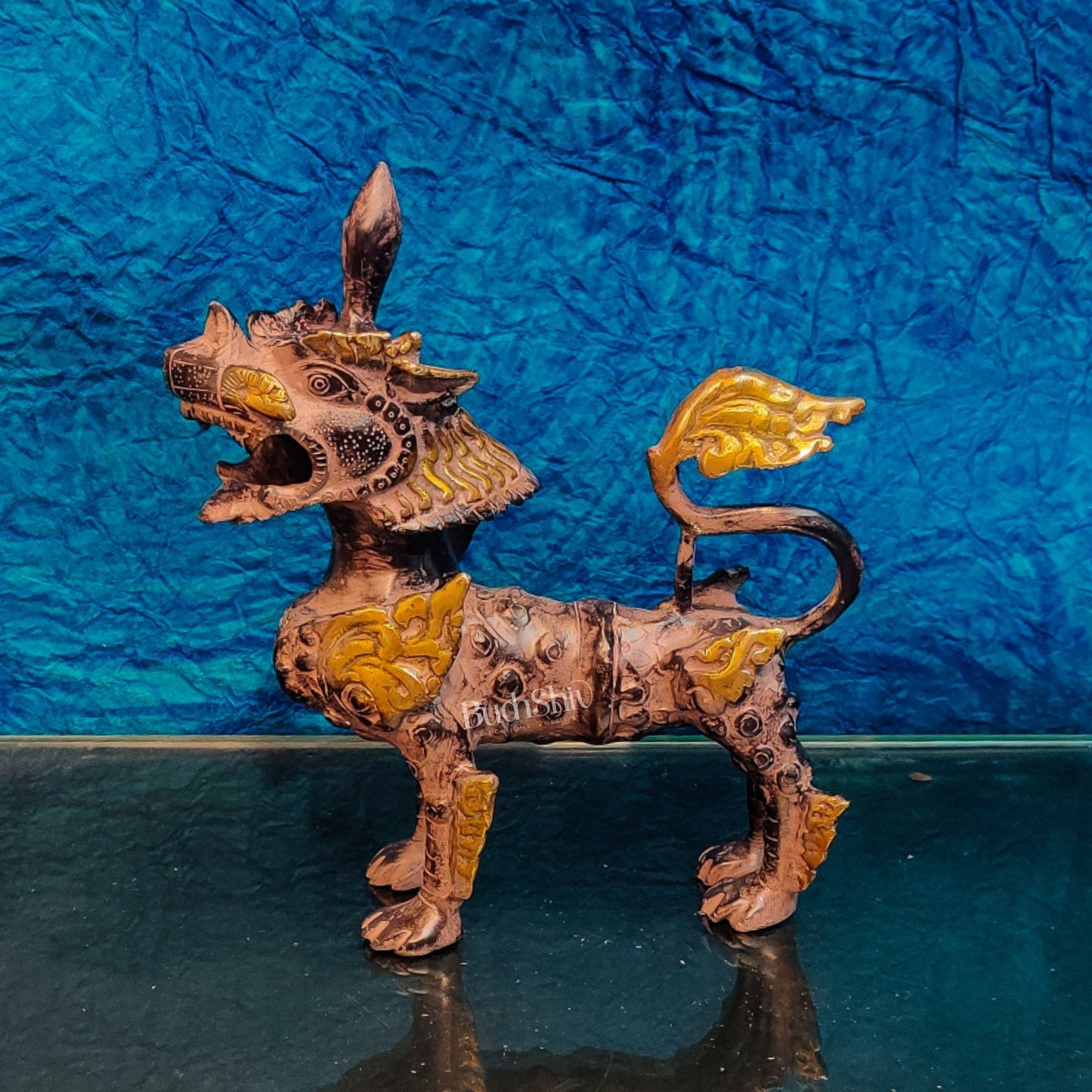 Brass Buddhist Tibetan temple snow lion 11"