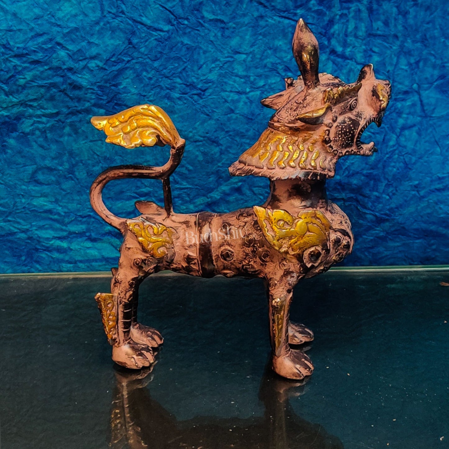 Brass Buddhist Tibetan temple snow lion 11"