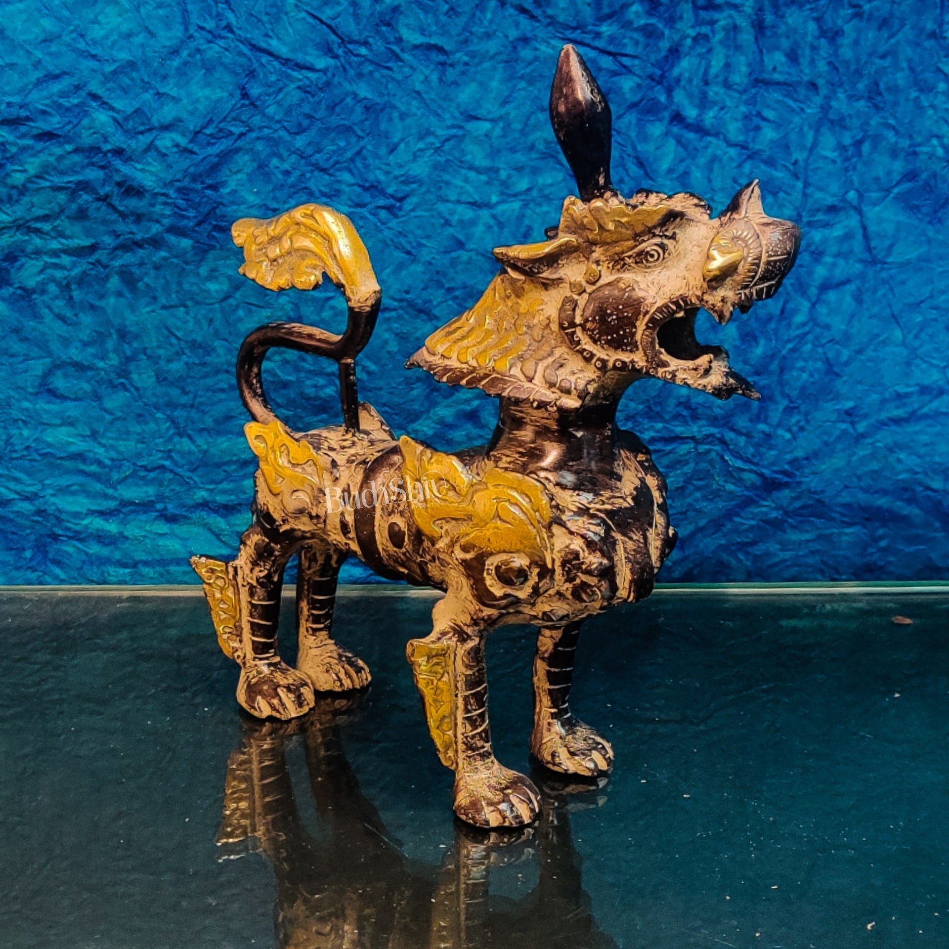 Brass Buddhist Tibetan temple snow lion 11"