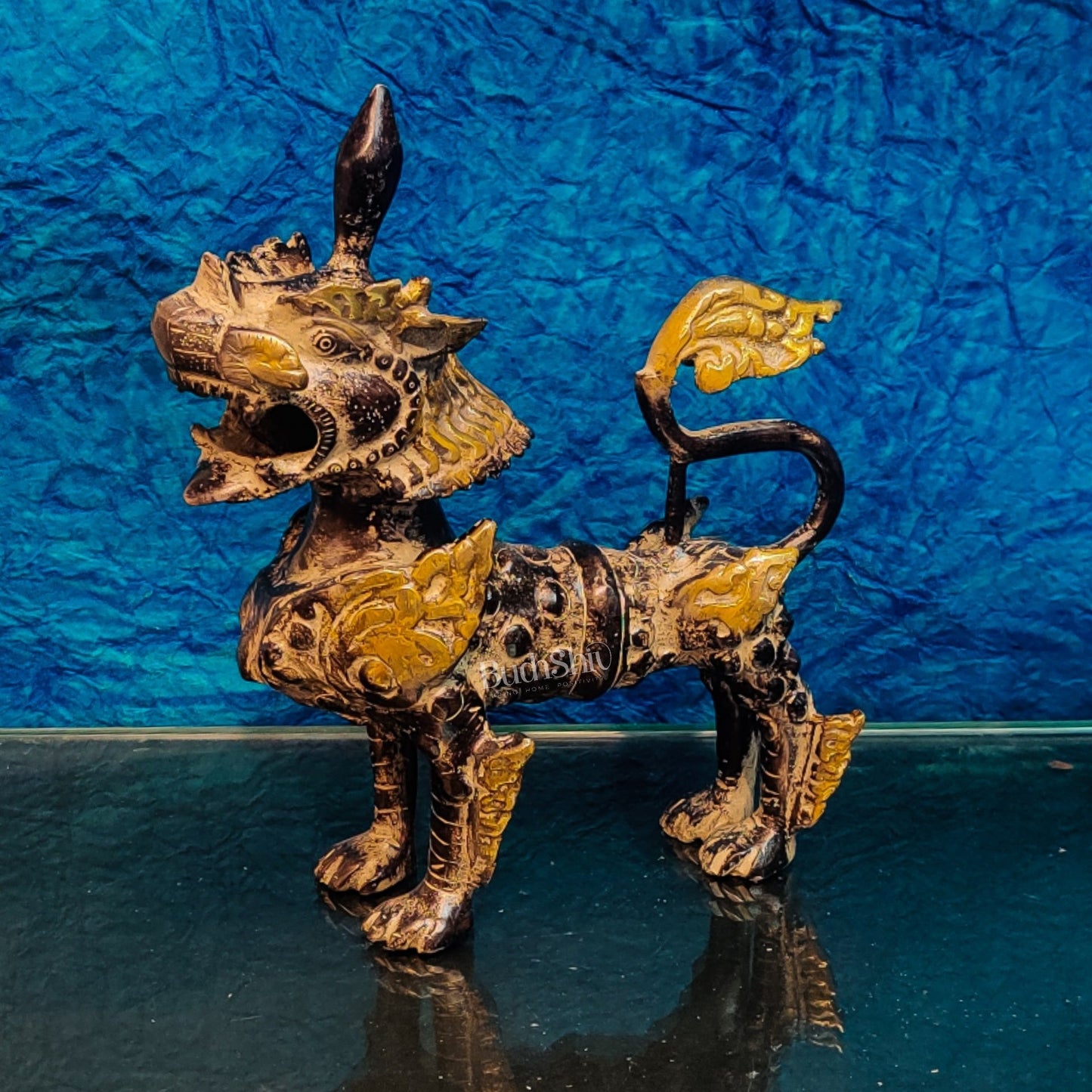 Brass Buddhist Tibetan temple snow lion 11"