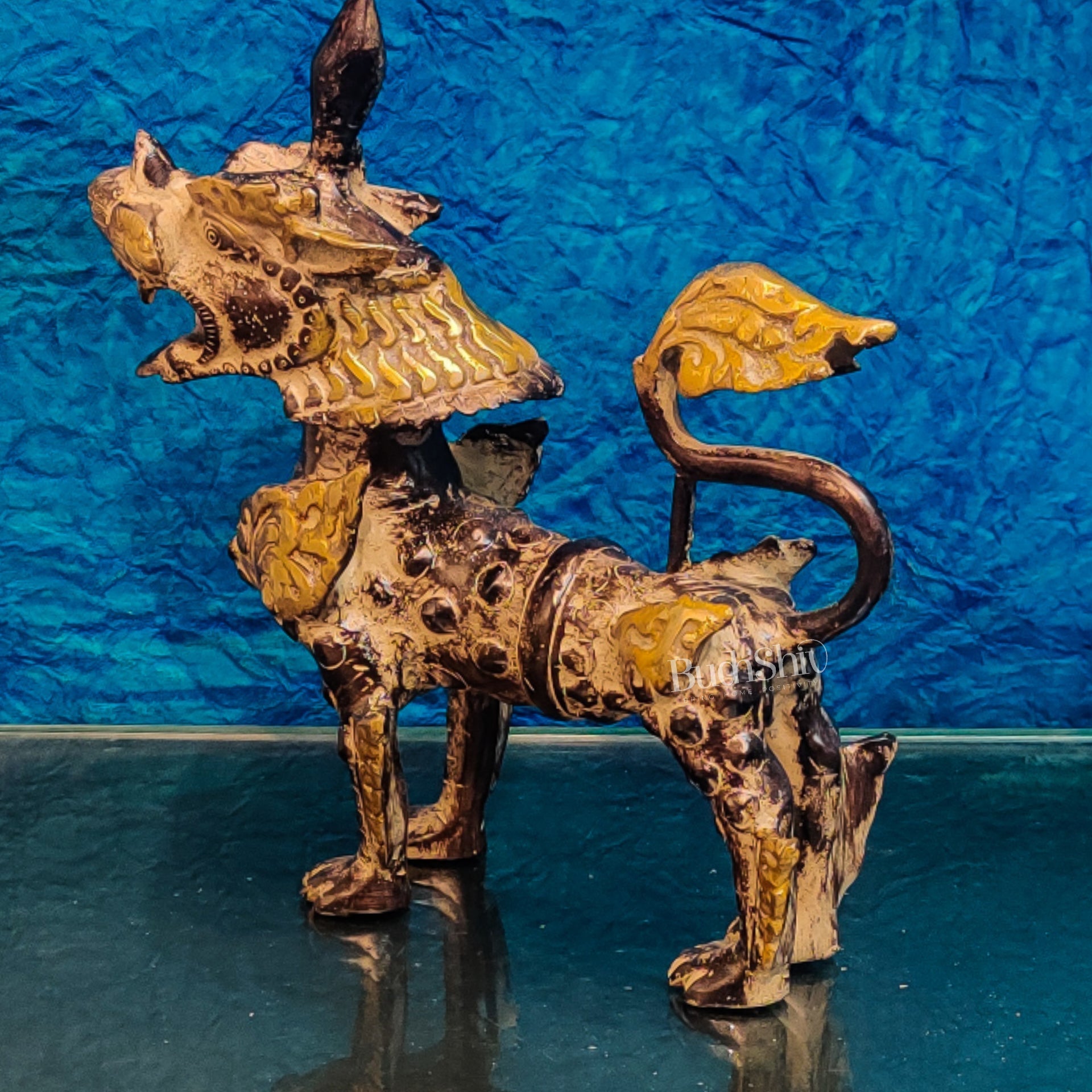 Brass Buddhist Tibetan temple snow lion 11"