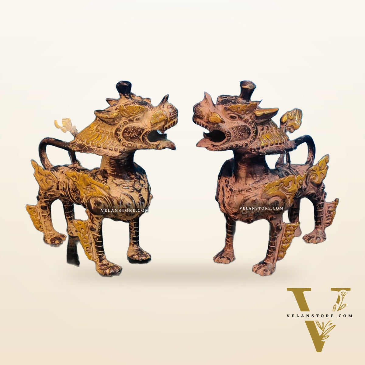 Brass Buddhist Tibetan temple snow lion 9" Pair