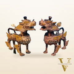 Brass Buddhist Tibetan temple snow lion 9" Pair