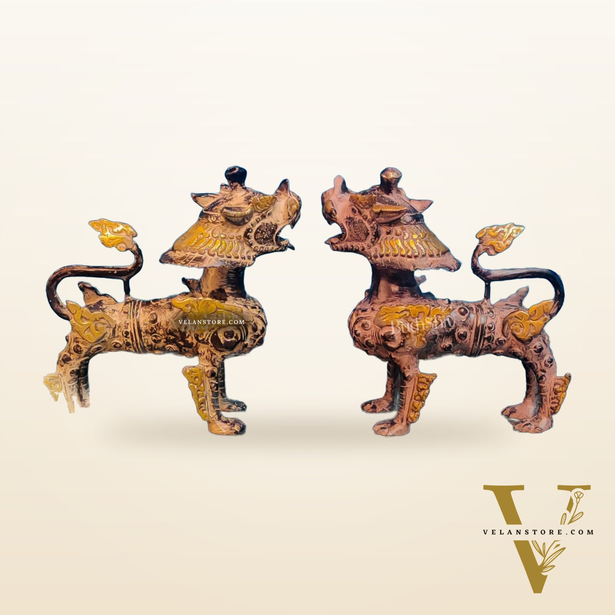 Brass Buddhist Tibetan temple snow lion 9" Pair