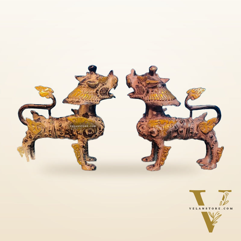Brass Buddhist Tibetan temple snow lion 9" Pair