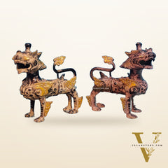 Brass Buddhist Tibetan temple snow lion 9" Pair